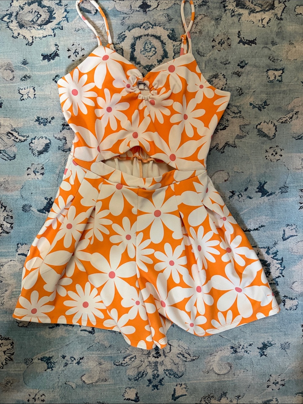 Orange Floral Cutout Romper with Adjustable Straps